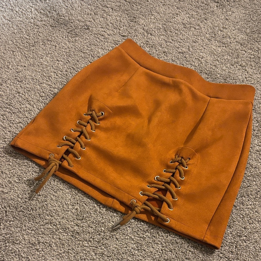 Orange Suede Lace-Up Mini Skirt
